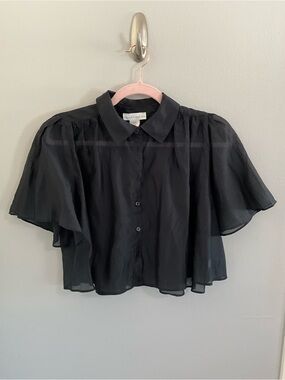 House of Harlow 1960 Black Sheer Flutter Button-Up Blouse